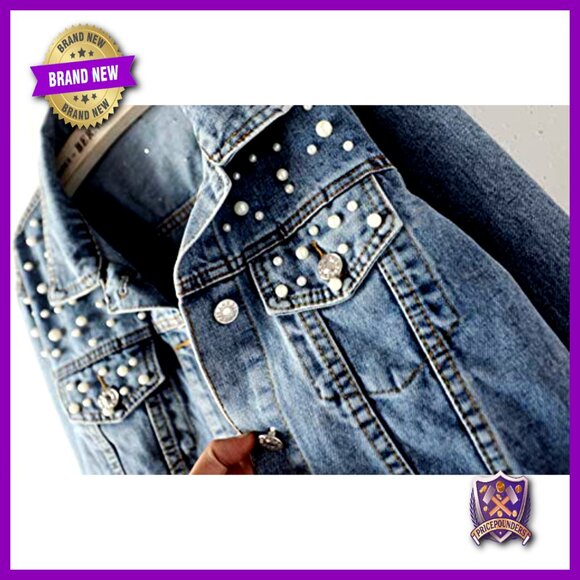 Oversized Denim Jacket Embroidered Pearl Beading Distressed Boyfriend Fit - Picture 2 of 7